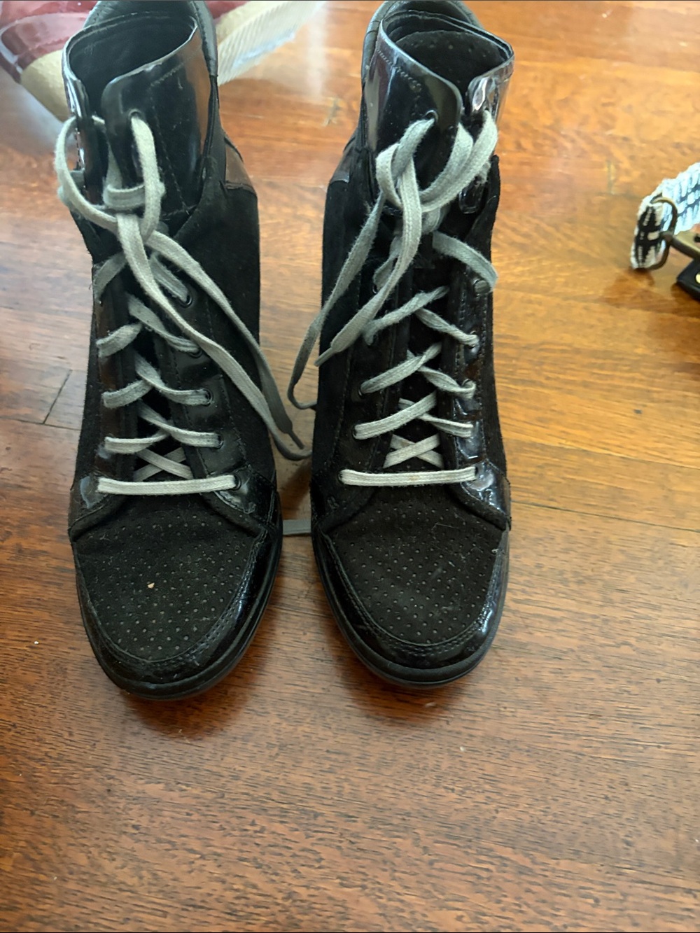 Tsubo Black Suede & Patent Lace-Up High Tops with Gray Laces